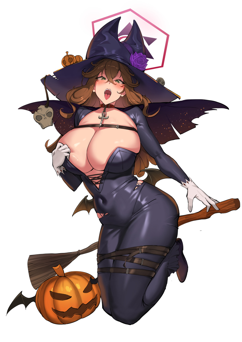9eep absurdres bat_wings belt black_dress blush breasts broom broom_riding brown_hair cape cleavage collar cross dress flower full_body green_eyes halloween halloween_costume halo hat highres jack-o'-lantern karuizawa_mayumi large_breasts leather_strap looking_at_viewer moon navel open_mouth original parody purple_flower skull sky tight_clothes tight_dress tongue tongue_out white_background wings witch_hat