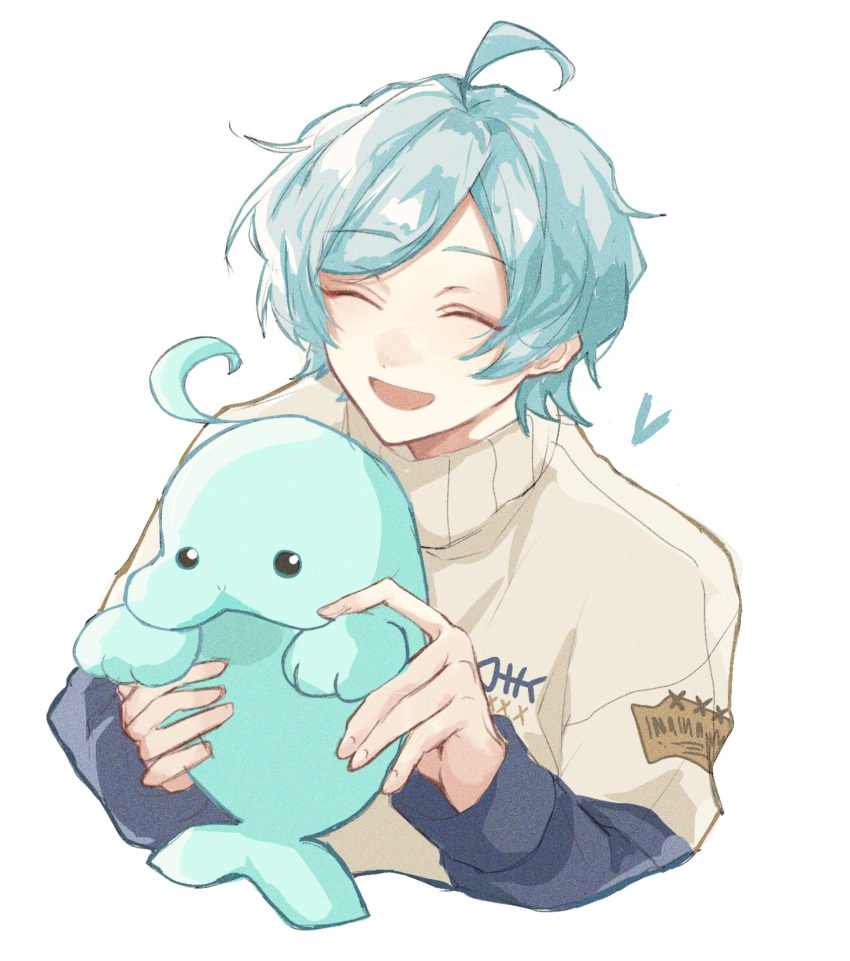 1boy ahoge blue_hair blue_sweater closed_eyes ensemble_stars! heart highres magainu male_focus multicolored_sweater open_mouth shinkai_kanata short_hair sketch smile solo stuffed_seal sweater white_sweater