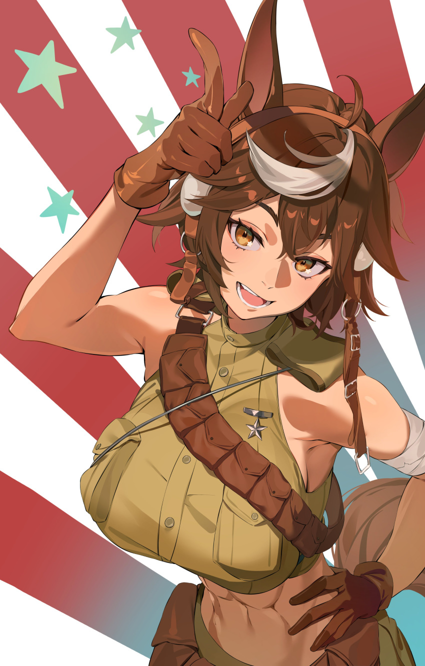 1girl absurdres animal_ears breasts dark-skinned_female dark_skin gloves hand_on_own_hip highres horse_ears horse_girl horse_tail ibaraki_shun indie_virtual_youtuber large_breasts looking_at_viewer medium_hair second-party_source smile solo star_(symbol) striped tail teeth tomoe_umari virtual_youtuber yellow_eyes