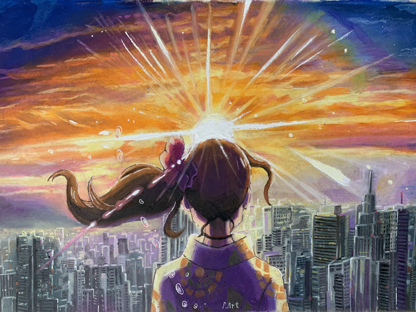 1girl absurdres amano_hina_(tenki_no_ko) artist_name black_choker choker cityscape colored_pencil_(medium) commentary english_commentary from_behind highres japanese_clothes kimono long_hair making-of_available nape p.art purple_kimono side_ponytail solo sunset tenki_no_ko traditional_media upper_body