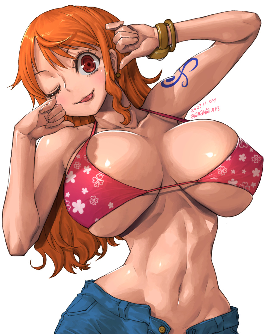 1girl amania_orz arm_tattoo bikini bikini_top_only blue_pants bracelet breasts breasts_apart dated highres huge_breasts jewelry long_hair looking_at_viewer nami_(one_piece) navel one_eye_closed one_piece open_fly orange_hair pants print_bikini red_bikini red_eyes shadow simple_background smile solo swimsuit tattoo tongue tongue_out twitter_username white_background