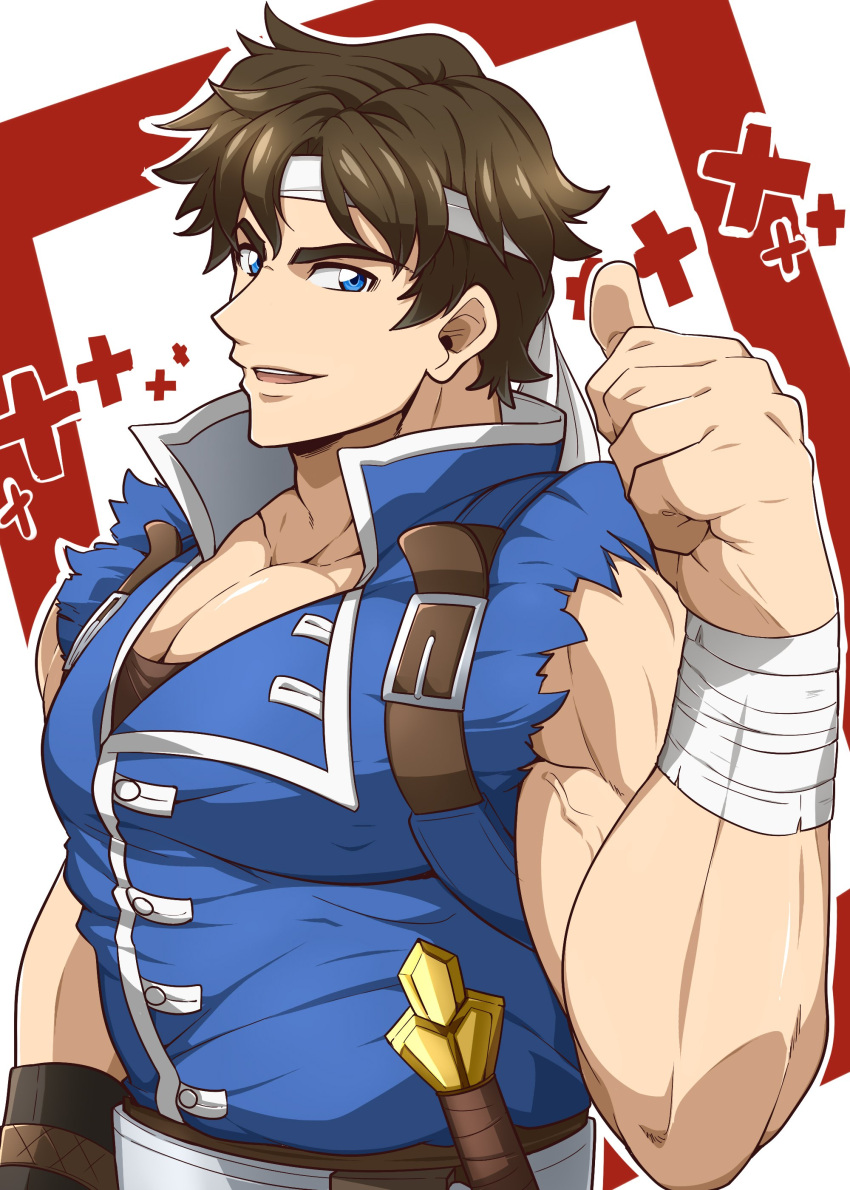 1boy absurdres bandaged_arm bandages bara blue_eyes blue_shirt brown_hair castlevania:_rondo_of_blood castlevania_(series) headband highres kuroshinki large_pectorals looking_at_viewer male_focus muscular muscular_male open_mouth pectorals richter_belmont shirt short_hair smile solo thumbs_up torn_clothes torn_shirt upper_body white_headband