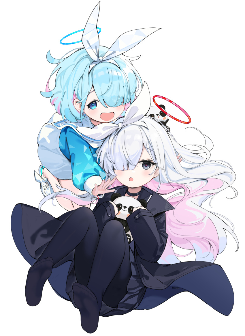 2girls absurdres arona_(blue_archive) black_choker black_coat black_eyes black_pantyhose black_sailor_collar black_serafuku black_skirt blue_archive blue_eyes blue_hair blue_halo blush choker coat colored_inner_hair grey_hair hair_over_one_eye halo highres long_hair looking_at_viewer multicolored_hair multiple_girls neckerchief open_mouth pantyhose pink_hair plana_(blue_archive) pleated_skirt red_halo sailor_collar school_uniform serafuku simple_background skirt smile white_background white_choker white_neckerchief white_sailor_collar white_skirt yamano_(yamanoh)