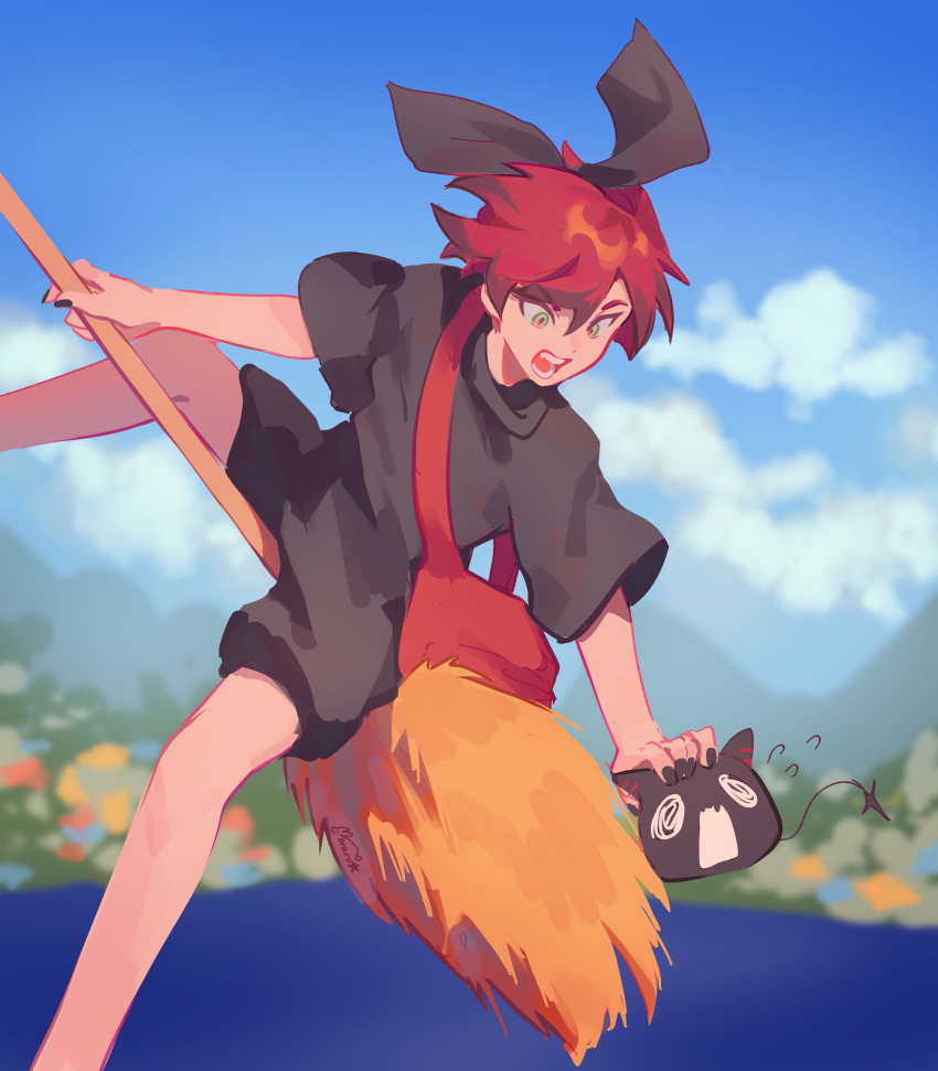 1boy absurdres bag black_nails black_ribbon blue_sky blurry blurry_background broom broom_riding cloud cosplay creature english_commentary feet_out_of_frame flying green_eyes hair_between_eyes hair_ribbon highres holostars holostars_english kiki_(majo_no_takkyuubin) kiki_(majo_no_takkyuubin)_(cosplay) looking_at_creature machina_x_flayon machiroon_(machina_x_flayon) majo_no_takkyuubin male_focus mararu midair open_mouth red_hair ribbon short_hair shoulder_bag signature sky solo sweatdrop virtual_youtuber water