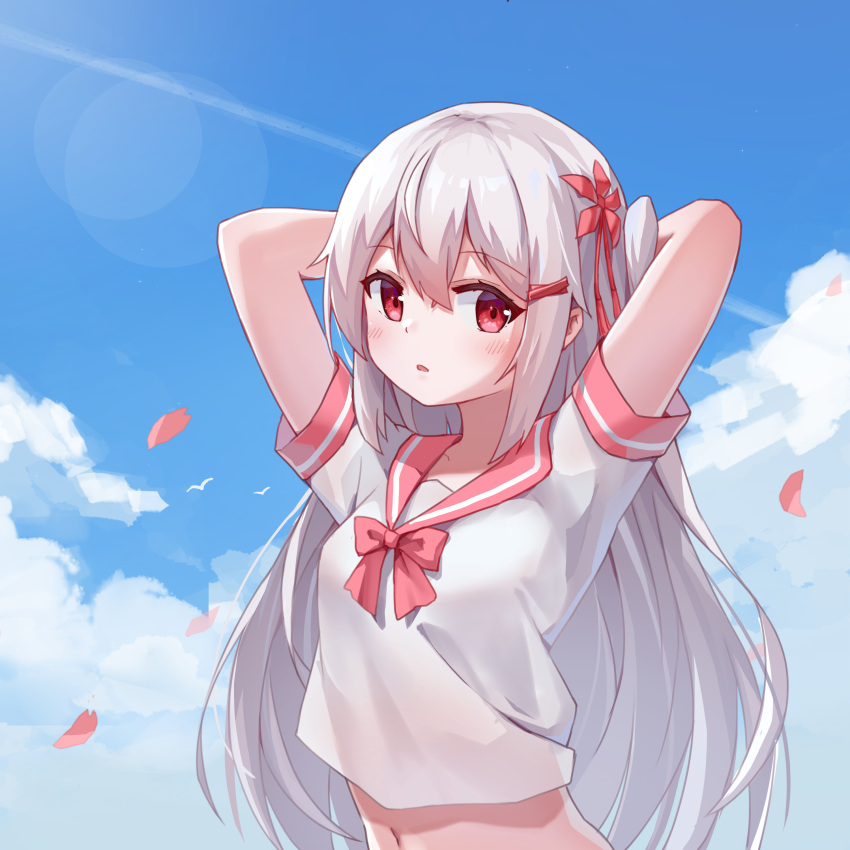1girl absurdres arms_behind_head arms_up blue_sky bow bowtie breasts cloud cloudy_sky contrail crop_top day eleven-sora expressionless eyelashes falling_petals hair_between_eyes hair_ornament hairclip highres lens_flare light_blush long_hair looking_at_viewer looking_to_the_side midriff navel original parted_lips petals red_bow red_bowtie red_eyes red_sailor_collar sailor_collar school_uniform see-through_silhouette serafuku shirt short_sleeves sidelocks sky small_breasts solo upper_body white_hair white_shirt