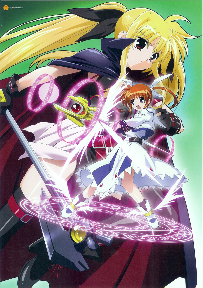 bardiche belt blonde_hair bow cape dress fate_testarossa gloves highres long_hair lyrical_nanoha magic_circle magical_girl mahou_shoujo_lyrical_nanoha multiple_girls official_art okuda_yasuhiro purple_eyes raising_heart red_bow red_eyes red_hair shoes short_hair takamachi_nanoha thighhighs twintails very_long_hair winged_shoes wings