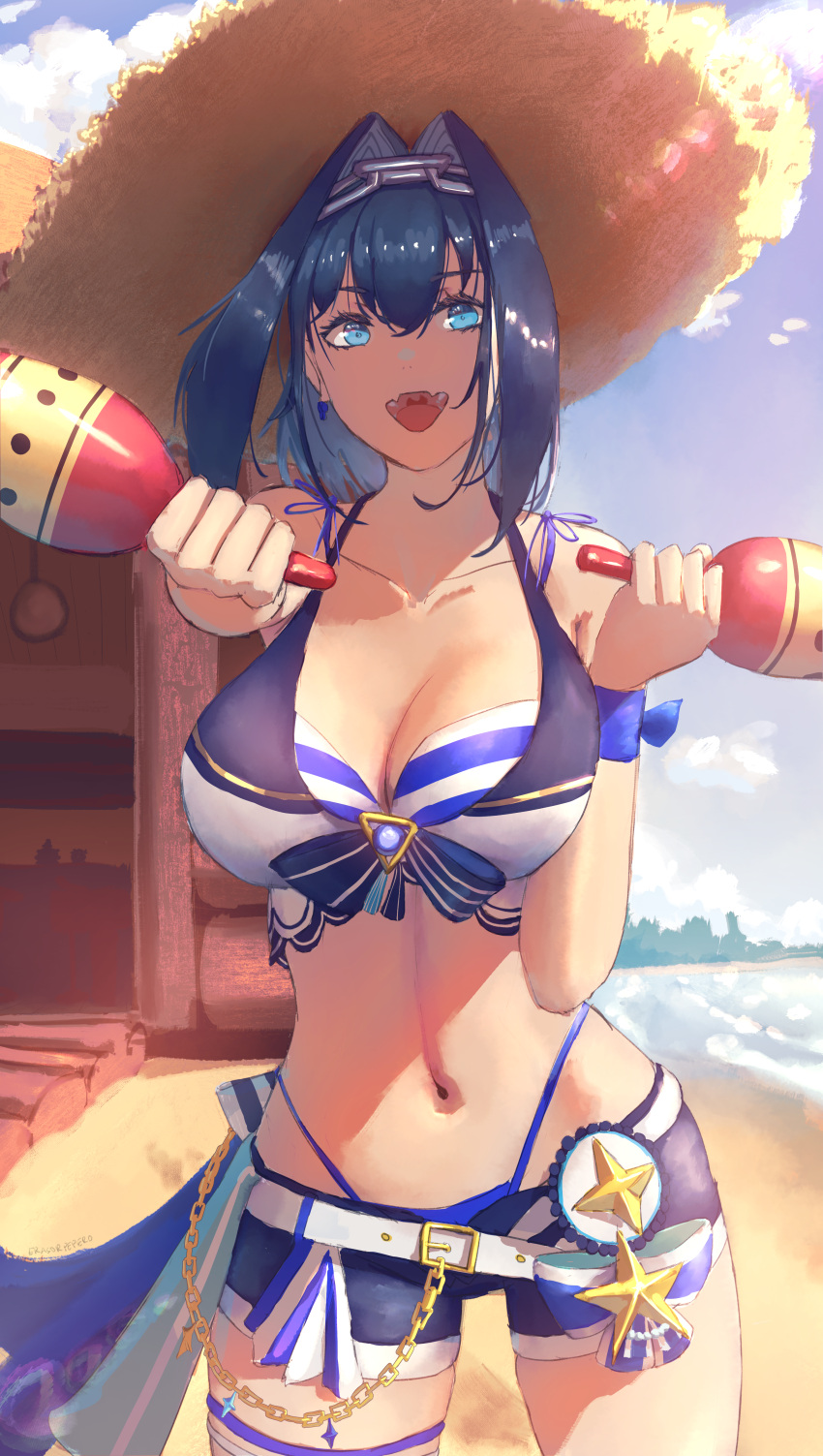 1girl :d absurdres bare_shoulders beach belt bikini bikini_under_shorts black_hair black_shorts blue_bikini blue_eyes bow breasts breasts_apart chain_headband cleavage erasorpepero front-tie_bikini_top front-tie_top hair_intakes hat headband highleg highleg_bikini highres holding_maraca hololive hololive_english hololive_summer_2023_swimsuit instrument large_breasts layered_bikini legs_apart looking_at_viewer maracas navel official_alternate_costume open_mouth ouro_kronii outdoors ribbon short_hair shorts smile solo straw_hat striped striped_bikini sun_hat swimsuit thigh_gap thigh_strap virtual_youtuber waist_bow white_belt white_bikini wrist_ribbon