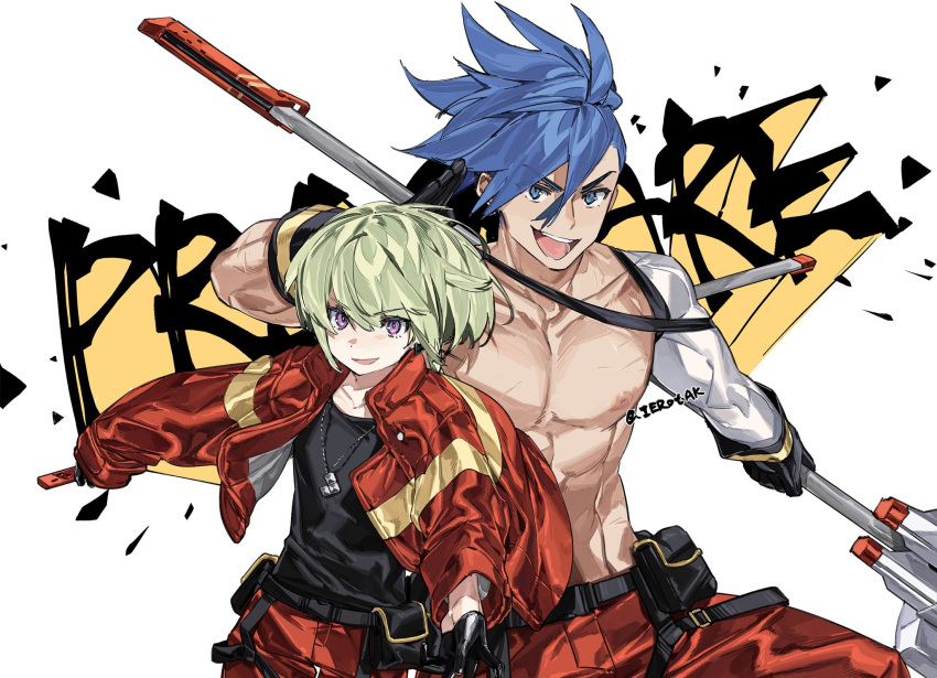 2boys abs black_gloves black_shirt blue_eyes blue_hair copyright_name firefighter_jacket galo_thymos gloves green_hair hair_between_eyes highres holding ierotak jacket jewelry lio_fotia long_sleeves male_focus multiple_boys necklace nipples open_clothes open_jacket open_mouth pants promare purple_eyes shirt simple_background spiked_hair toned toned_male topless_male twitter_username