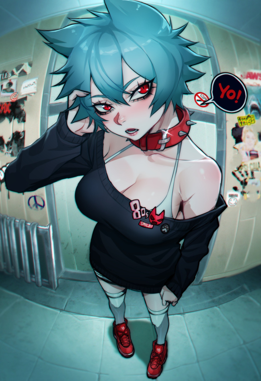 1girl arm_up black_crowser black_sweater blue_hair bra breasts collar hair_between_eyes highres medium_breasts open_mouth original red_eyes shoes short_hair solo sweater underwear white_bra