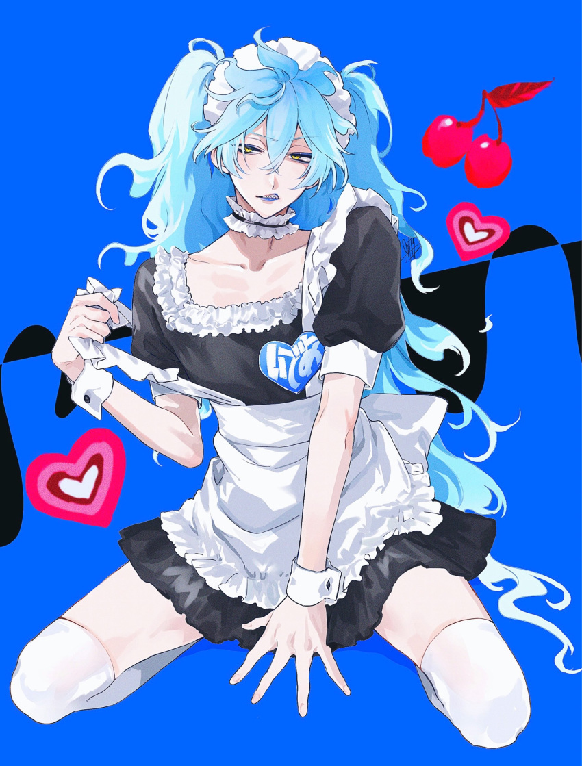 1boy absurdres alternate_costume apron black_choker black_dress blue_background blue_eyeshadow blue_hair blue_lips cherry choker commentary_request crossdressing crossed_bangs dress enmaided eyeshadow fiery_hair food frilled_apron frilled_choker frills fruit hair_between_eyes hand_up heart highres idia_shroud khr long_hair looking_at_viewer maid maid_headdress makeup male_focus parted_lips puffy_short_sleeves puffy_sleeves raised_eyebrow sharp_teeth short_sleeves sidelocks signature simple_background sitting solo teeth thighhighs twintails twisted_wonderland very_long_hair white_apron white_thighhighs wrist_cuffs yellow_eyes zettai_ryouiki