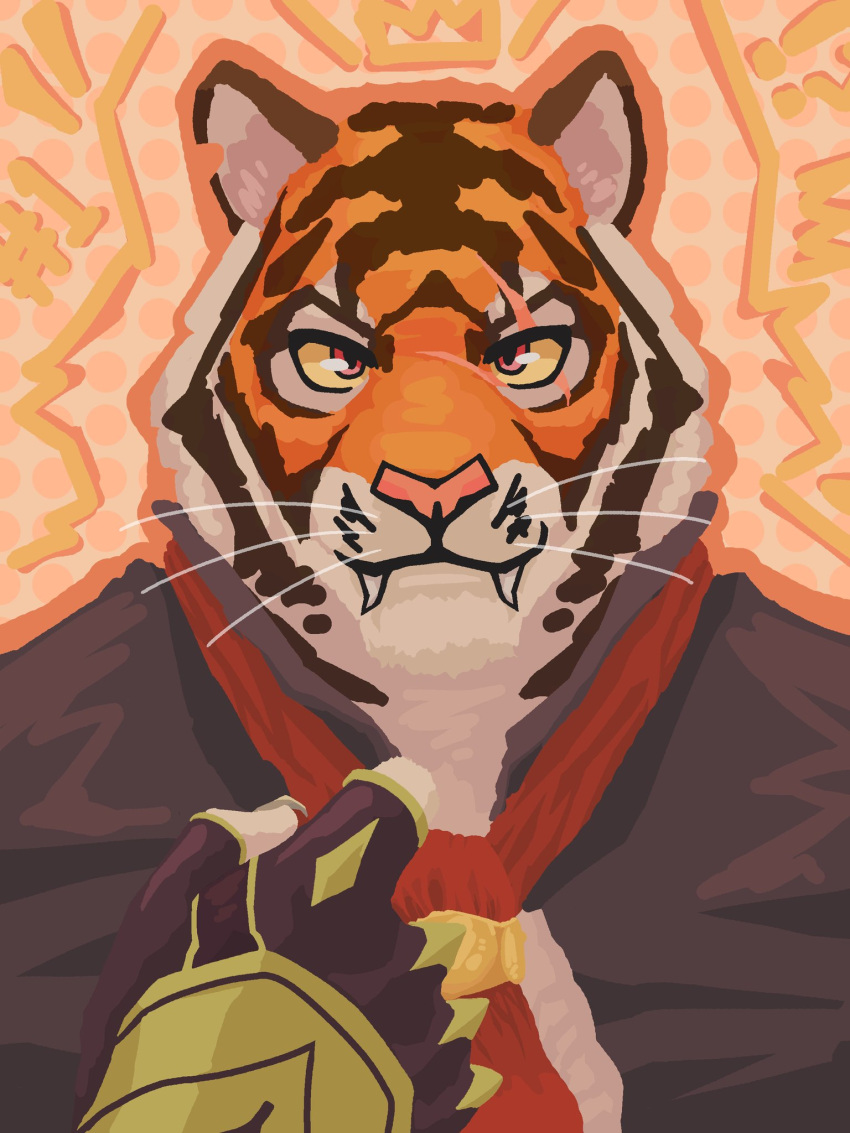 1boy adjusting_clothes adjusting_necktie animal_ears bara fangs fortnite furry furry_male highres light_smile looking_at_viewer male_focus mature_male mawl_(mawlussy) necktie orange_fur oscar_(fortnite) portrait short_hair solo straight-on tiger_boy tiger_ears vest white_fur