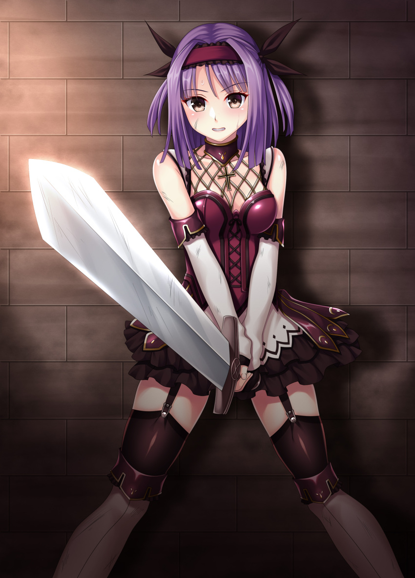 absurdres adel_(blazing_souls) blazing_souls boots brown_eyes brown_ribbon commission detached_sleeves dress feet_out_of_frame hair_ribbon hairband highres holding holding_sword holding_weapon knee_boots looking_at_viewer purple_hair red_hairband ribbon ruin_re_birth short_hair skeb_commission sweat sword thigh_strap thighhighs weapon