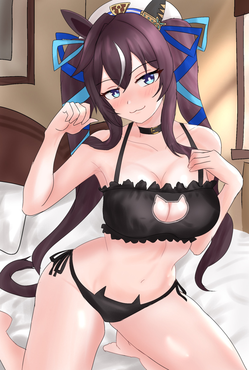 1girl :3 alternate_costume bare_shoulders barefoot black_choker blue_eyes blush breasts brown_hair cat_lingerie choker claw_pose cleavage_cutout clothing_cutout collarbone ear_covers hat highres horse_girl long_hair looking_at_viewer medium_breasts meme_attire sailor_hat single_ear_cover solo tsumu618 twintails umamusume underwear underwear_only vivlos_(umamusume) white_headwear