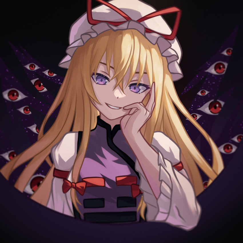 1girl blonde_hair bow chunjiu disembodied_eye dress gap_(touhou) hair_bow hand_on_own_cheek hand_on_own_face hat hat_ribbon highres long_hair long_sleeves looking_at_viewer mob_cap purple_eyes purple_tabard red_bow red_ribbon ribbon smile solo tabard touhou white_dress white_headwear wide_sleeves yakumo_yukari