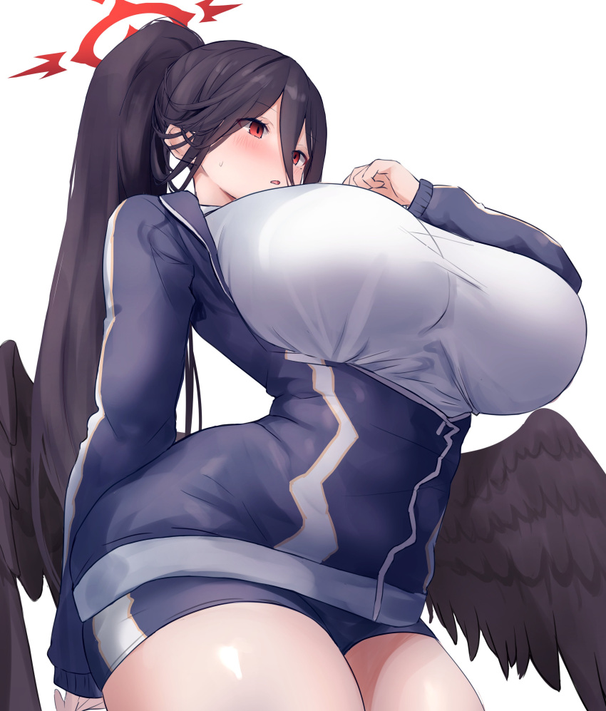1girl absurdres black_hair black_shorts black_wings blue_archive blush breasts cowboy_shot feathered_wings gym_uniform halo hasumi_(blue_archive) hasumi_(track)_(blue_archive) highres huge_breasts jacket large_breasts long_hair official_alternate_costume open_mouth ponytail red_halo shirt shorts solo track_jacket very_long_hair white_shirt wings yuuki_shuri
