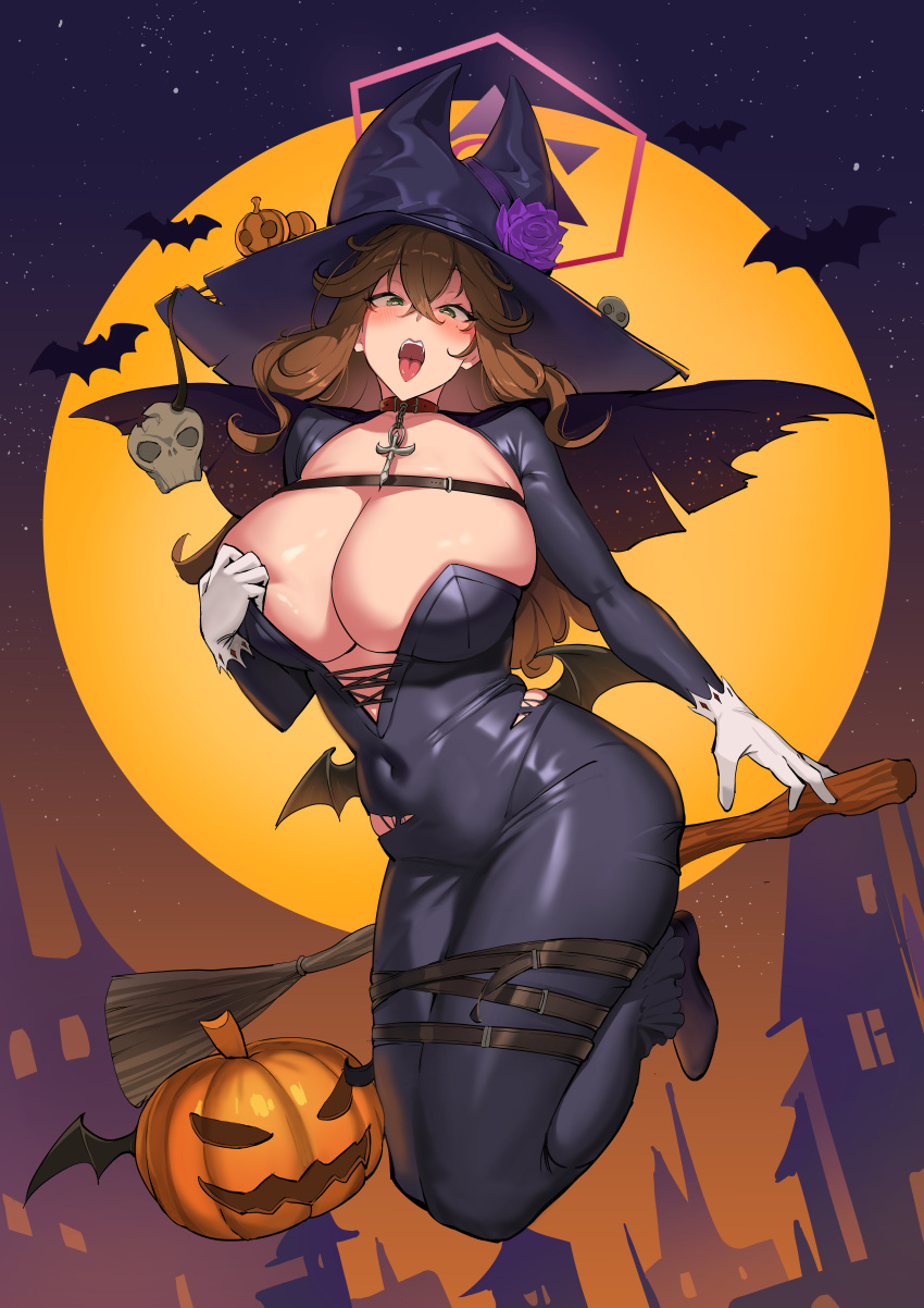 9eep absurdres bat_(animal) bat_wings belt black_dress blush breasts broom broom_riding brown_hair cape cleavage collar cross dress flower full_body full_moon green_eyes halloween halloween_costume halo hat highres jack-o'-lantern karuizawa_mayumi large_breasts leather_strap looking_at_viewer moon navel night night_sky open_mouth original parody purple_flower skull sky star_(sky) starry_sky tight_clothes tight_dress tongue tongue_out wings witch_hat yellow_moon