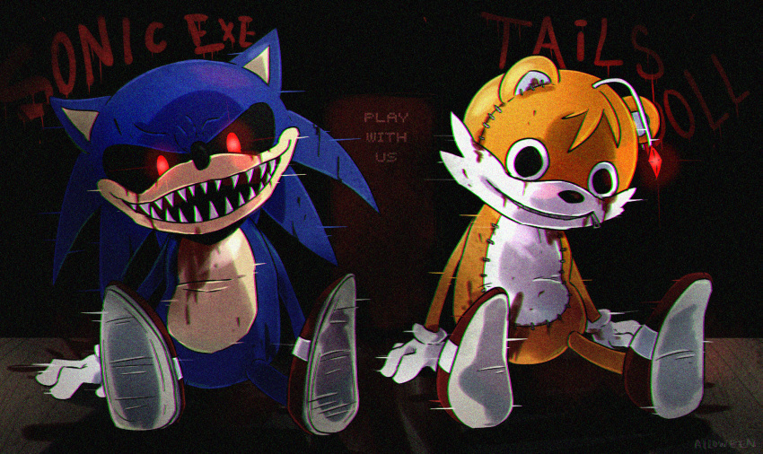 alloween ambiguous_gender antennae_(anatomy) anthro blood bodily_fluids canid canine clothing creepy creepypasta doll duo english_text eulipotyphlan evil_grin footwear fox gloves glowing glowing_eyes handwear hedgehog hi_res horror_(theme) male mammal plushie red_eyes sega sharp_teeth shoes sitting smile sonic.exe sonic.exe_(creepypasta) sonic_the_hedgehog_(series) stitch_(sewing) tails_doll teeth text zipper