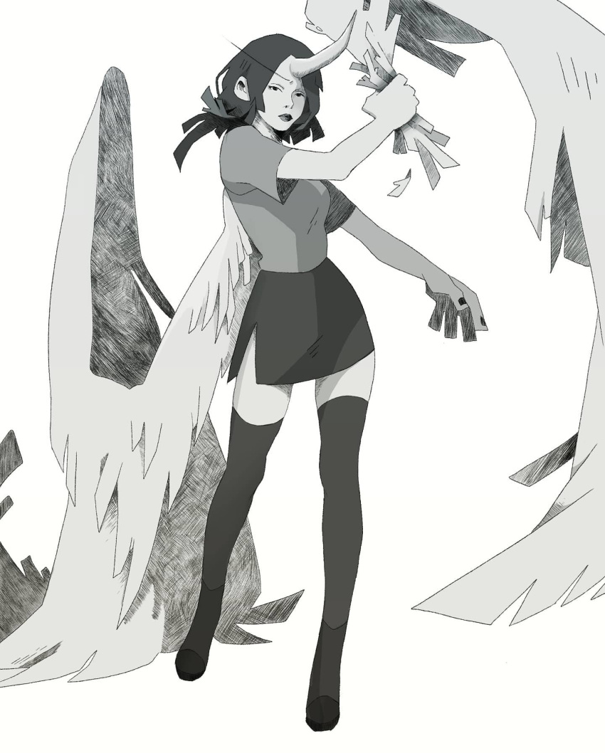 1girl breasts charline_lemoal commentary crosshatching detached_wings english_commentary feathered_wings greyscale hatching_(texture) highres horns long_eyebrows medium_breasts medium_hair miniskirt monochrome original shirt side_slit single_horn skirt solo t-shirt thighhighs wing_hold wings