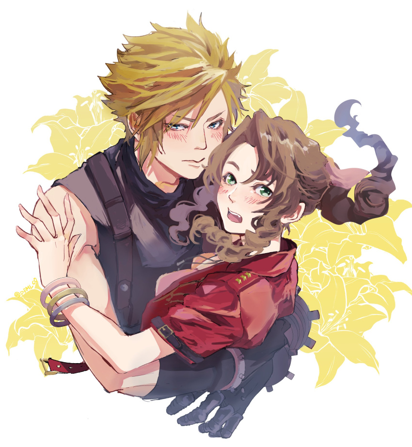 1boy 1girl absurdres aerith_gainsborough arm_around_back bangle black_gloves blonde_hair blue_eyes blue_shirt blush bracelet braid braided_ponytail breasts brown_hair closed_mouth cloud_strife couple demi_co dress final_fantasy final_fantasy_vii final_fantasy_vii_rebirth floral_background flower gloves green_eyes hair_between_eyes hair_ribbon hetero highres hug jacket jewelry lily_(flower) long_hair looking_at_viewer medium_breasts open_mouth parted_bangs pink_dress pink_ribbon red_jacket ribbon shirt short_hair short_sleeves sidelocks single_bare_shoulder single_braid sleeveless sleeveless_turtleneck spiked_hair suspenders turtleneck upper_body wavy_hair yellow_flower