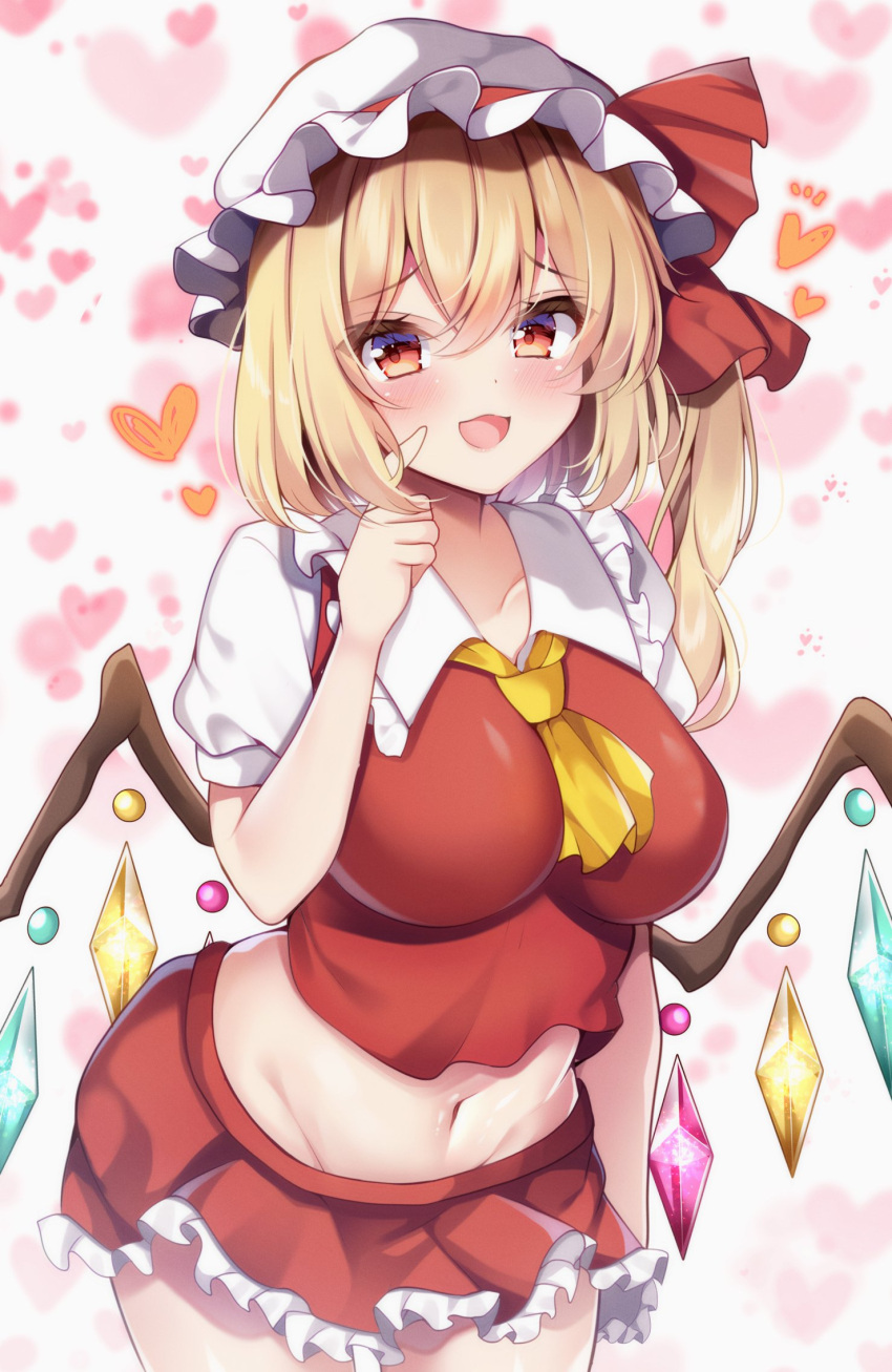 1girl :d blonde_hair blush breasts commentary_request cowboy_shot crystal flandre_scarlet hat hat_ribbon heart heart_background highres large_breasts looking_at_viewer medium_hair miniskirt mob_cap navel one_side_up open_mouth red_eyes red_ribbon red_shirt red_skirt ribbon shirotsuki_shirone shirt short_sleeves skirt smile solo touhou white_headwear wings
