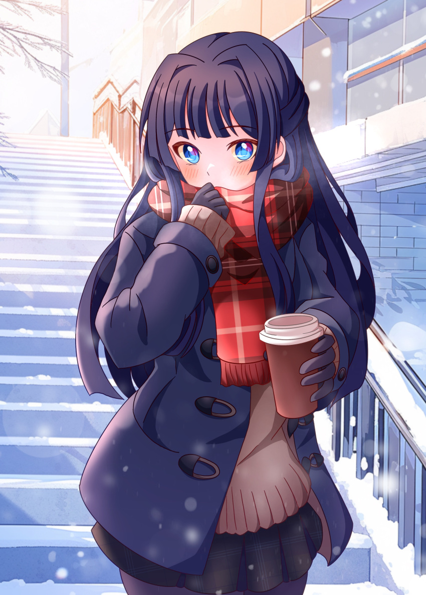 1girl absurdres black_gloves black_hair black_pantyhose black_skirt blue_coat blue_eyes blunt_bangs blush brown_cardigan cardigan coat coffee_cup covered_mouth cowboy_shot cup disposable_cup duffel_coat gloves hair_intakes hand_up highres holding holding_cup idolmaster idolmaster_million_live! idolmaster_million_live!_theater_days long_hair looking_at_viewer mogami_shizuka open_clothes open_coat outdoors pantyhose plaid plaid_scarf plaid_skirt raby_vivid railing red_scarf scarf scarf_over_mouth school_uniform skirt snow snowing solo stairs tree winter