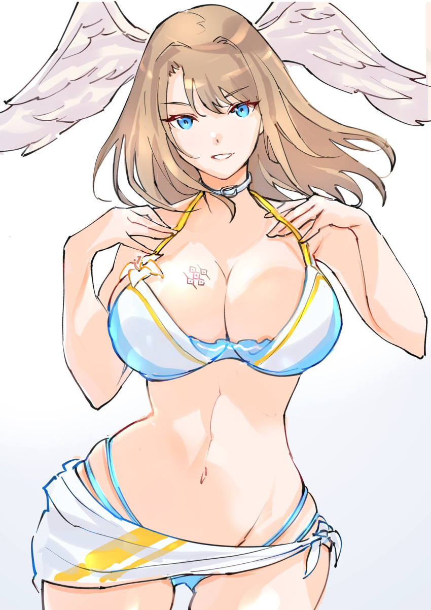 1girl bikini bikini_tug blue_bikini blue_eyes breasts brown_hair chest_tattoo collar eunie_(xenoblade) gradient_background head_wings highres large_breasts medium_hair navel swimsuit tattoo thigh_gap ug333333 white_collar wings xenoblade_chronicles_(series) xenoblade_chronicles_3