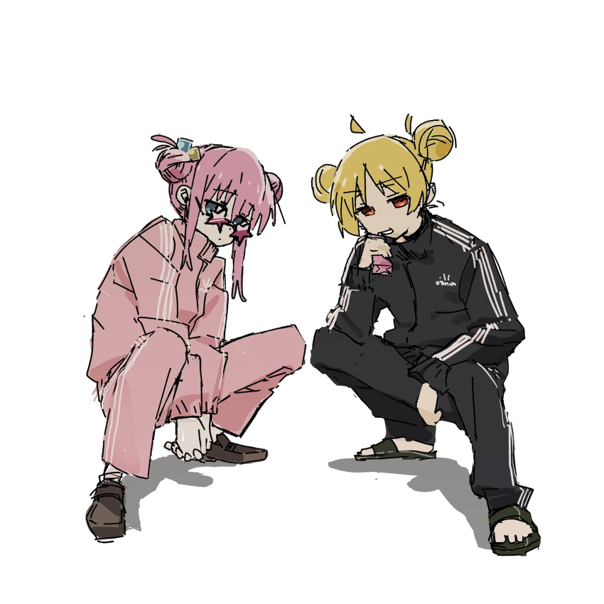 2girls absurdres alternate_hairstyle black_footwear black_track_suit blonde_hair blue_eyes bocchi_the_rock! brown_footwear commentary double_bun drink full_body glens_sou gopnik gotoh_hitori hair_bun hair_ornament highres holding holding_drink ijichi_nijika juice_box multiple_girls orange_eyes pink_hair pink_track_suit sandals short_hair simple_background sketch slav_squatting squatting star-shaped_eyewear track_suit triple_vertical_stripe white_background