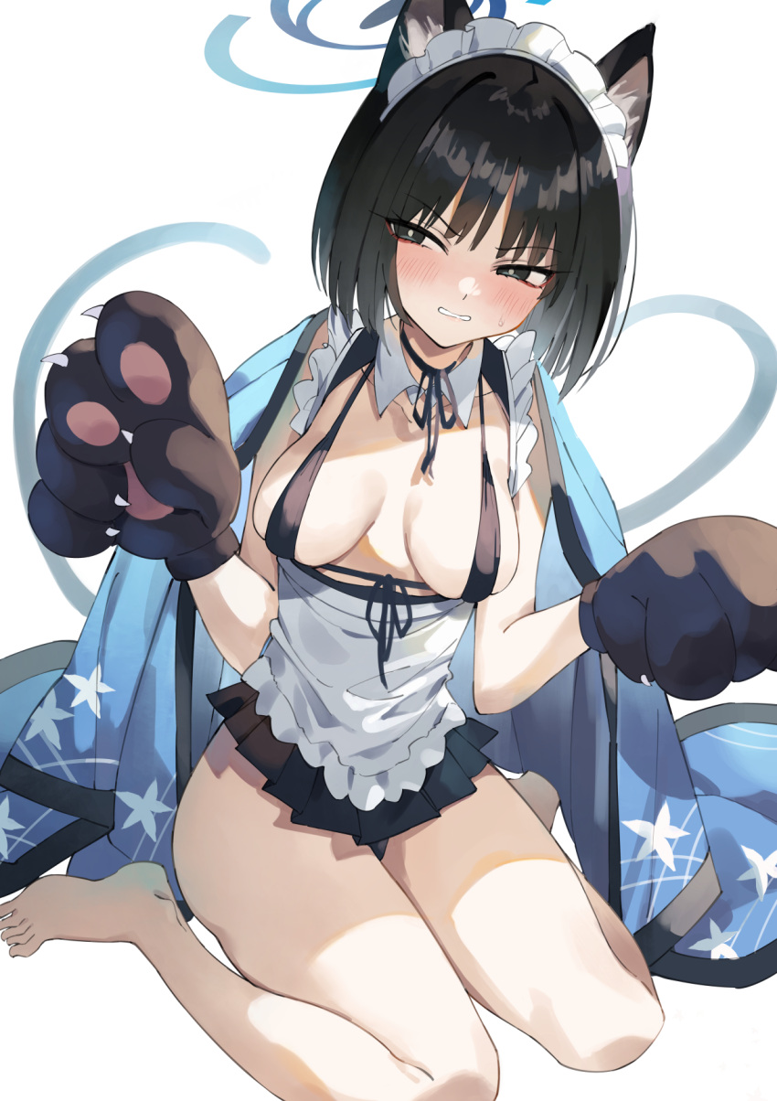 1girl alternate_costume animal_ears animal_hands apron barefoot black_eyes black_gloves black_hair black_skirt blue_archive blue_halo breasts cat_ears cat_paws cat_tail enmaided eyeliner gloves halo haori highres japanese_clothes kikyou_(blue_archive) maid maid_apron maid_headdress makeup medium_breasts multiple_tails paw_gloves pleated_skirt red_eyeliner short_hair simple_background skirt soles solo tail toes two_tails unacchi_(nyusankin) white_apron white_background