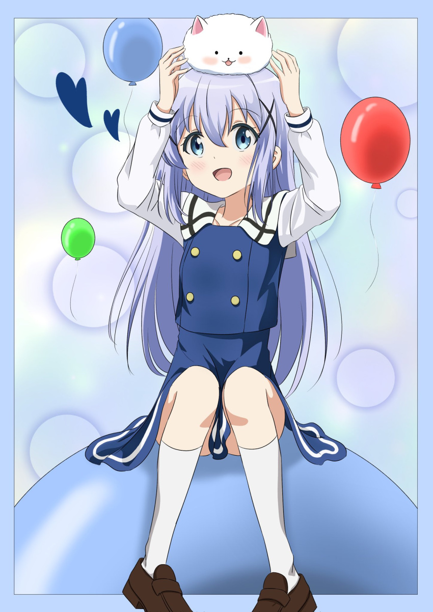 1girl animal balloon blue_hair blush brown_footwear commentary commentary_request gochuumon_wa_usagi_desu_ka? heart highres kafuu_chino long_hair long_sleeves open_mouth qb_(qb46311027) sitting skirt smile socks tippy_(gochiusa) white_socks