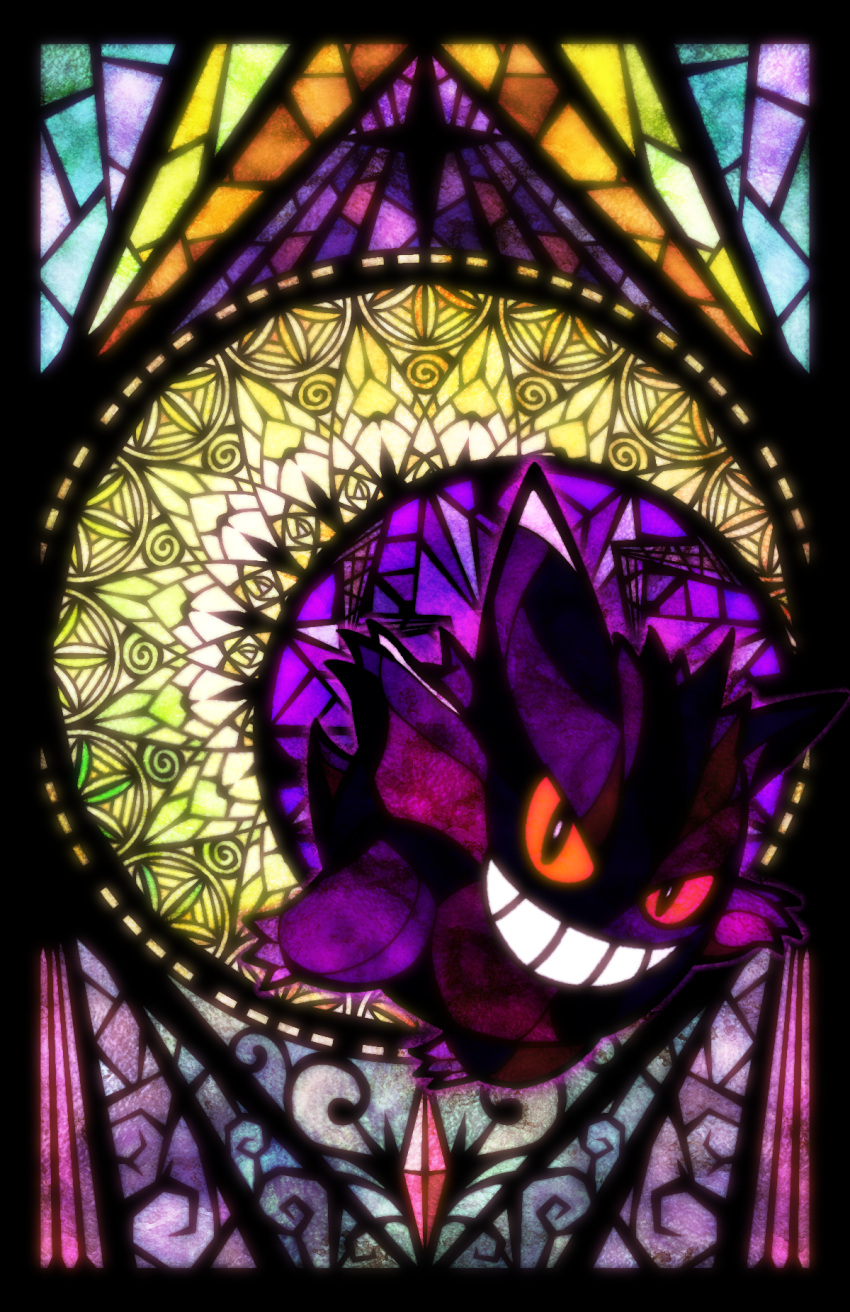 black_border black_eyes border colored_sclera commentary_request free_butterfree full_body gem gengar grin happy highres looking_at_viewer no_humans partial_commentary pokemon pokemon_(creature) purple_outline red_gemstone red_sclera smile solo stained_glass teeth