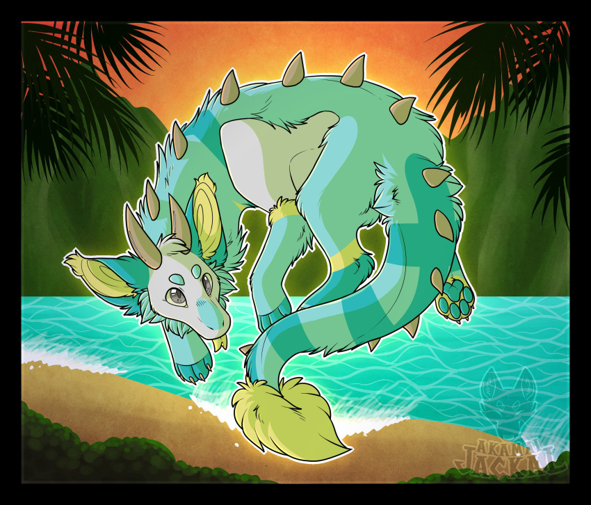 2019 ambiguous_gender back_spikes beach blue_body blue_eyebrows blue_fur blue_pawpads cel_shading cheek_tuft circle_eyebrows detailed_background digital_drawing_(artwork) digital_media_(artwork) digitigrade dragon ear_tuft eastern_dragon eyebrows facial_tuft feral fisher_(chowfur) floating forked_tongue full-length_portrait fur furred_dragon grey_body grey_eyes grey_horn grey_spikes head_tuft hi_res horn leaf maligaytor markings mountain nonbinary_(lore) orange_sky outline outside palm_leaves pawpads paws plant portrait sand seaside shaded shrub snout solo spiked_tail spikes spikes_(anatomy) sunset tail tail_tuft tongue tuft water watermark white_outline yellow_inner_ear yellow_markings yellow_tongue
