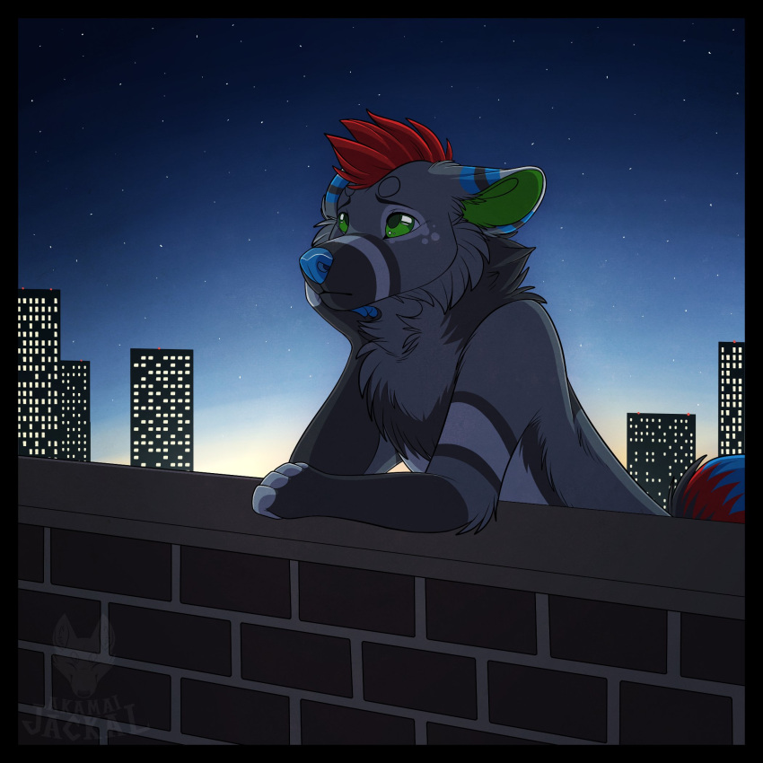 2021 aiko_(aikowolf) anthro arm_support black_border blue_markings blue_nose blue_pawpads blue_sky border brick_wall building canid canine canis cel_shading cheek_tuft circle_eyebrows city detailed_background digital_drawing_(artwork) digital_media_(artwork) ears_down eyebrows facial_tuft fur green_eyes green_inner_ear grey_body grey_eyebrows grey_fur hair hi_res leaning_on_elbow male maligaytor mammal markings night nude outside pawpads pivoted_ears red_hair sad shaded sky skyscraper snout solo star tail tuft wall_(structure) watermark wolf