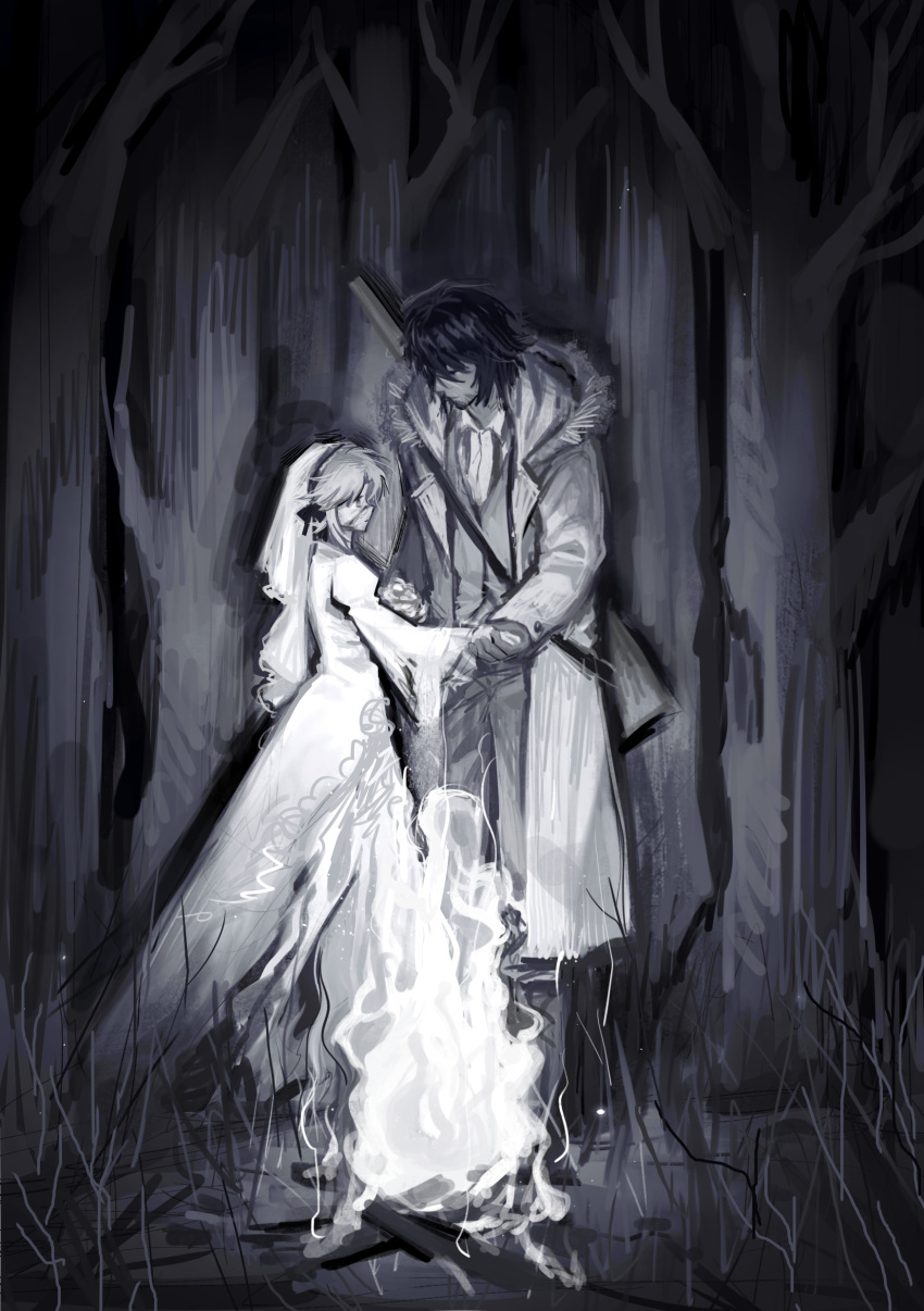 1boy 1other absurdres bonfire bow coat degrees_of_lewdity eden_(degrees_of_lewdity) forest gloves grass greyscale gun hair_bow highres holding_hands long_sleeves monochrome nature player_character_(degrees_of_lewdity) rifle veil vitaminc81 weapon wedding