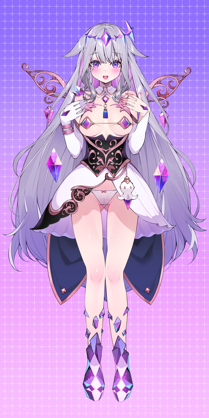 1girl absurdres adapted_costume breasts cameltoe circlet colored_inner_hair dress grey_hair highres hololive hololive_english jewel_under_eye koseki_bijou long_hair looking_at_viewer multicolored_hair open_mouth petite purple_eyes small_breasts smile solo swimsuit virtual_youtuber waterring white_dress