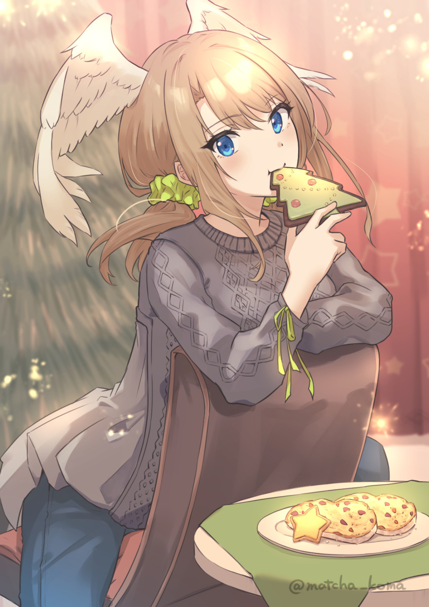 1girl blue_eyes brown_hair chair christmas_tree cookie eating eunie_(xenoblade) food grey_sweater hair_ornament hair_scrunchie head_wings highres scrunchie sitting sitting_backwards stollen sweater twitter_username wings xenoblade_chronicles_(series) xenoblade_chronicles_3 yanagimachi