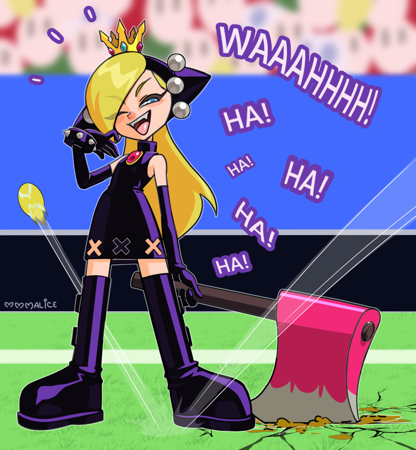 1girl ;d absurdres aqua_eyes axe ball black_dress black_gloves boots crowd dress elbow_gloves fangs full_body gloves highres holding holding_axe laughing mario_(series) mario_power_tennis mario_tennis mmmalice one_eye_closed ricocheting sleeveless sleeveless_dress smile standing tennis_ball thigh_boots warupeach