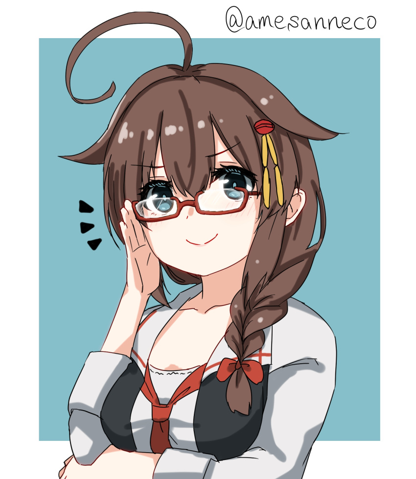 1girl ^^^ ahoge ame-rain bespectacled blue_background blue_eyes border braid breasts brown_hair glasses hair_flaps hair_over_shoulder highres kantai_collection long_hair medium_breasts necktie official_alternate_costume one-hour_drawing_challenge red_necktie shigure_(kancolle) shigure_kai_ni_(kancolle) shirt single_braid smile solo twitter_username two-tone_background upper_body white_border white_shirt