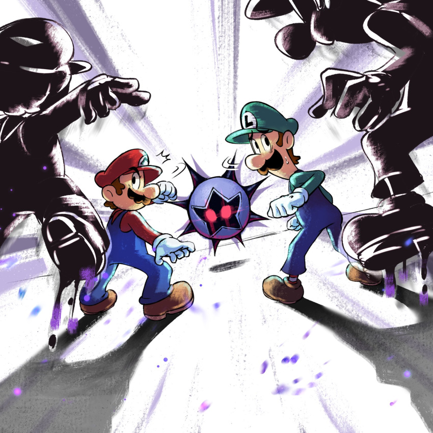 1other 4boys blue_overalls boots brothers brown_footwear brown_hair dark_star_(mario) facial_hair gloves glowing glowing_eyes green_headwear green_shirt hat highres looking_at_another looking_back luigi mario mario_&amp;_luigi:_bowser's_inside_story mario_&amp;_luigi_rpg mario_(series) masanori_sato_(style) multiple_boys mustache overalls red_eyes red_headwear red_shirt shirt short_hair siblings white_gloves ya_mari_6363