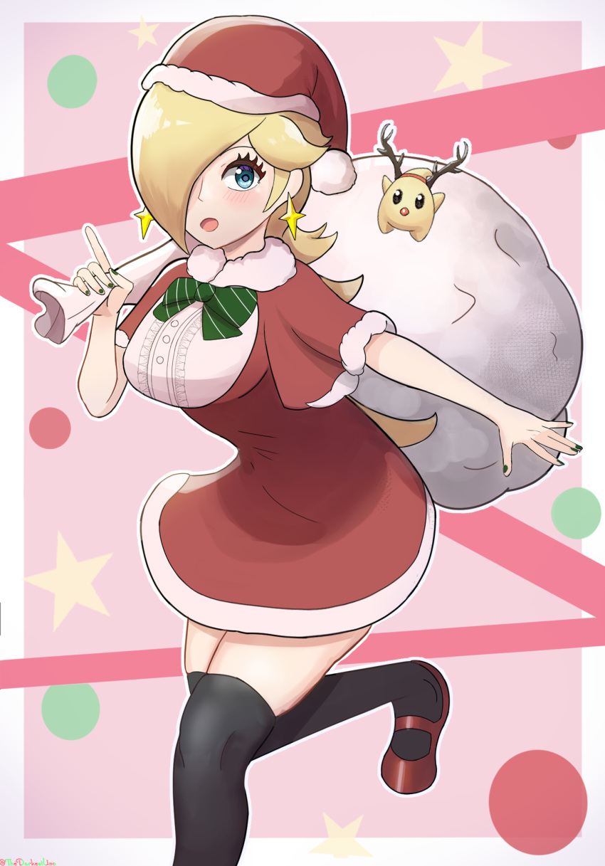 1girl :d alternate_costume antlers black_thighhighs blonde_hair blue_eyes bow capelet christmas dress earrings fake_antlers fur_trim green_bow green_nails hair_over_one_eye hat highres holding holding_sack index_finger_raised jewelry long_hair looking_at_viewer luma_(mario) mario_(series) open_mouth red_capelet red_dress red_footwear red_headwear reindeer_antlers rosalina sack santa_costume santa_dress santa_hat smile star_(symbol) star_earrings striped striped_bow thedarkestuno thighhighs