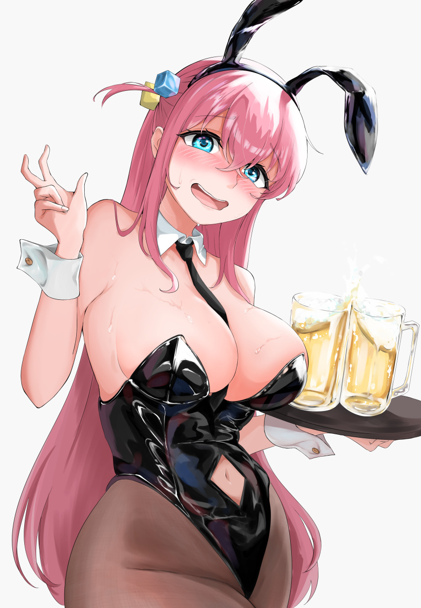 1girl absurdres alcohol animal_ears beer beer_mug between_breasts black_necktie black_pantyhose blue_eyes blush bocchi_the_rock! breasts clothing_cutout cube_hair_ornament cup detached_collar embarrassed gotoh_hitori hair_ornament highres large_breasts long_hair mug navel_cutout necktie necktie_between_breasts nose_blush one_side_up pantyhose pink_hair playboy_bunny rabbit_ears simple_background solo sugoiesisan1 tray white_background wrist_cuffs