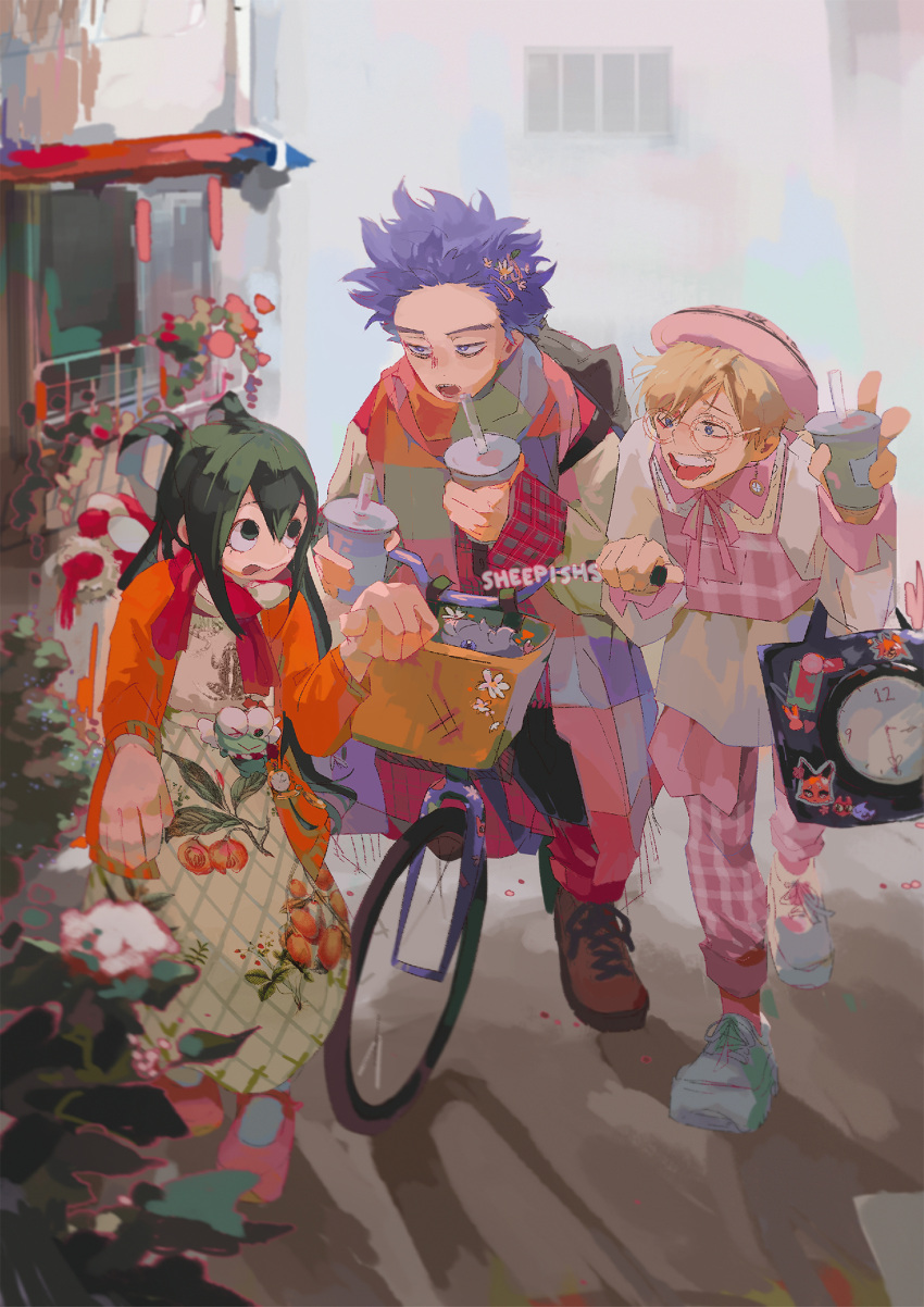 1girl 2boys alternate_costume artist_name asui_tsuyu bag bicycle blonde_hair boku_no_hero_academia closed_mouth crossover cup dress espurr floral_print glasses green_eyes green_hair highres holding holding_cup long_hair long_sleeves looking_at_another monoma_neito multiple_boys open_mouth pokemon pokemon_(creature) purple_eyes purple_hair sheepishs shinsou_hitoshi short_hair smile standing