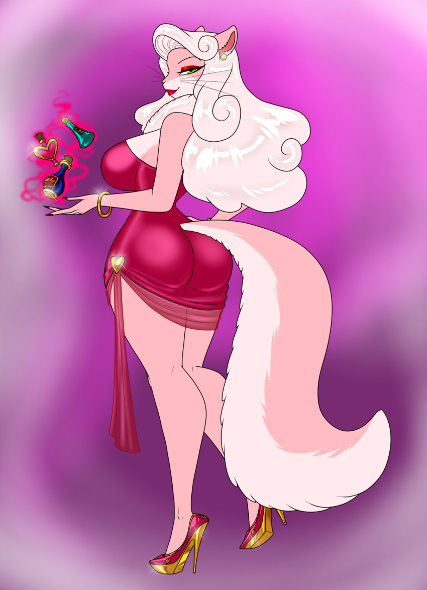anthro big_breasts big_butt biped breasts butt chinchilla chinchillid clothed clothing crovirus female footwear fur hi_res high_heels looking_back mammal pink_body pink_fur rodent solo whiskers wide_hips