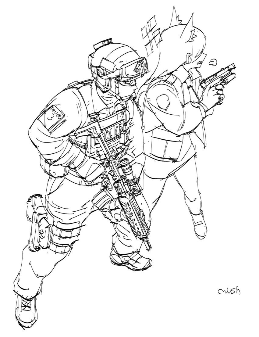 1boy 1girl animal_ears artist_name assault_rifle balaclava blue_archive breath commentary_request facing_to_the_side from_above gloves goggles goggles_on_headwear greyscale grimace gun halo handgun headphones helmet highres holding holding_gun holding_weapon holster jacket kanna_(blue_archive) legs_apart lineart load_bearing_vest long_sleeves monochrome mushroom_(osh320) pencil_skirt rifle scope sharp_teeth simple_background sketch skirt soldier standing tactical_clothes teeth thigh_holster trigger_discipline two-handed unfinished weapon