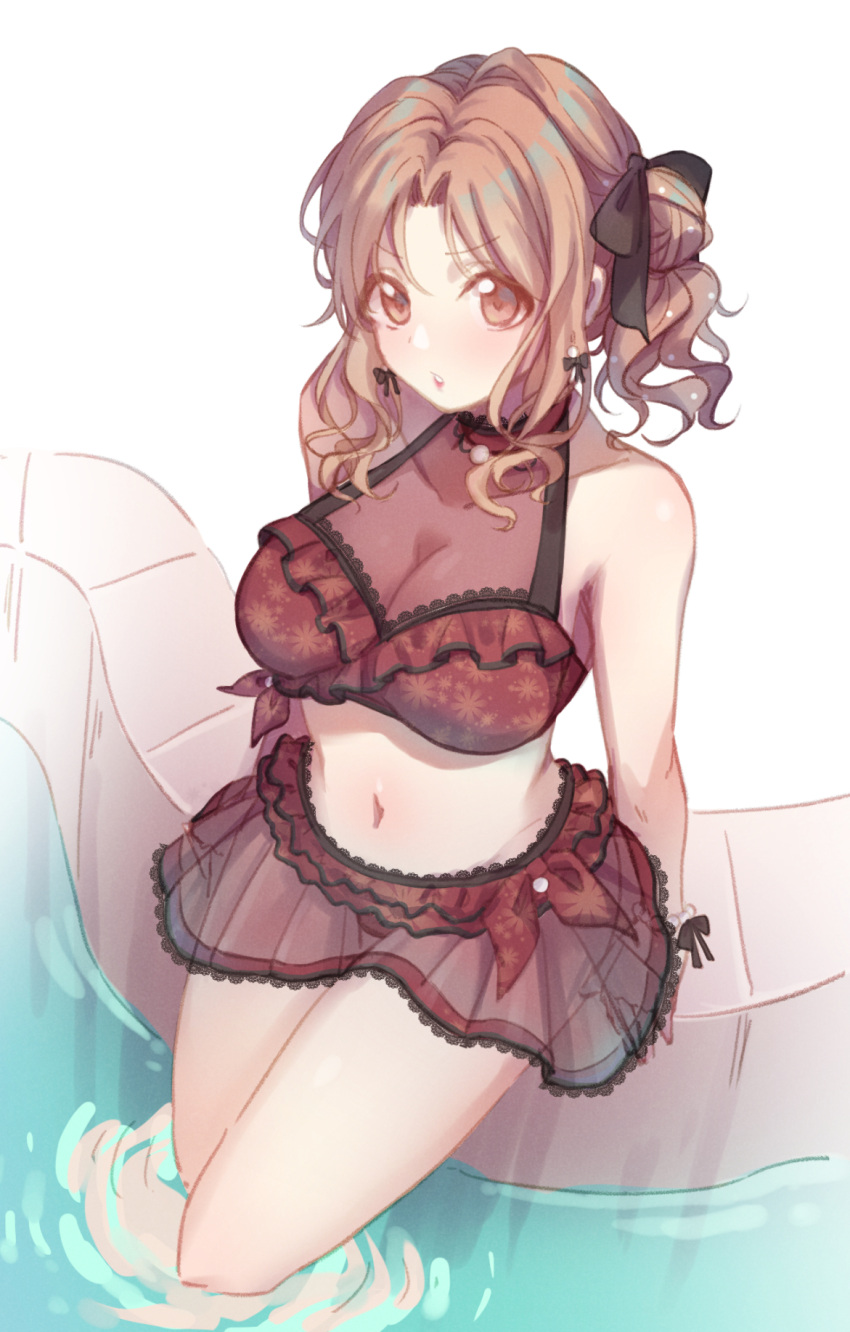 1girl arm_support bare_shoulders bikini black_ribbon blush bow breasts brown_eyes brown_hair cleavage collarbone from_above hair_bow hair_bun hair_ribbon highres ichikawa_hinana idolmaster idolmaster_shiny_colors lace-trimmed_bikini lace_trim large_breasts layered_bikini long_hair looking_at_viewer natsu_(jar1010) open_mouth parted_bangs red_bikini ribbon see-through_swimsuit single_hair_bun single_side_bun sitting solo swimsuit v-shaped_eyebrows wading water white_background