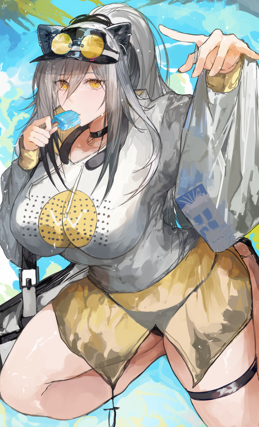 1girl animal_ears arknights arm_up bag bikini black_bikini black_choker blue_sky breasts cat_ears cat_girl choker day eyewear_on_headwear food grey_hair hair_between_eyes highres holding holding_food holding_popsicle large_breasts long_hair long_sleeves looking_at_viewer outdoors plastic_bag ponytail popsicle schwarz_(arknights) sidelocks skindentation sky solo sunglasses sweater swimsuit thigh_strap thighs tinted_eyewear white_sweater yellow-tinted_eyewear yellow_eyes yuki_flourish