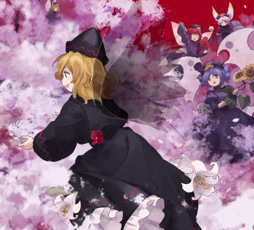 5girls black_dress black_headwear blue_eyes blue_hair closed_mouth commentary_request dress drill_hair flat_chest flower frilled_dress frills hat highres holding holding_flower juliet_sleeves kaigen_1025 lily_black lily_white long_sleeves medium_hair multiple_girls no_mouth no_nose open_mouth puffy_sleeves red_flower red_hair short_hair smile sunflower touhou twin_drills white_hair wings