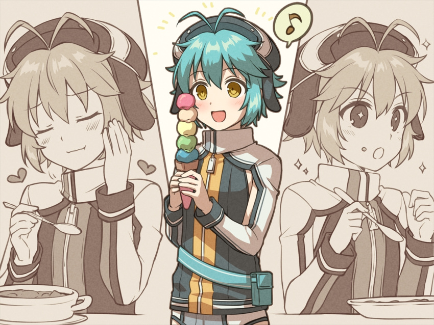 +_+ 1girl :d :i :o antenna_hair blue_hair blush chihiro_(chihiro3399) closed_eyes commentary_request eating eiyuu_densetsu food food_on_face hand_on_own_cheek hand_on_own_face happy heart holding holding_food holding_ice_cream holding_spoon ice_cream long_sleeves looking_at_food millium_orion multiple_views musical_note open_mouth sen_no_kiseki sepia short_hair smile spoken_musical_note spoon upper_body yellow_eyes