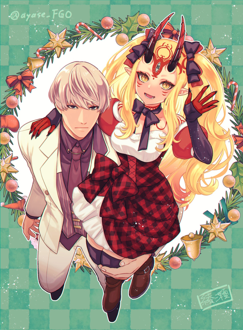 1boy 1girl bell black_eyes black_ribbon black_thighhighs blonde_hair boots candy candy_cane carrying carrying_person christmas_ornaments christmas_wreath collared_shirt commentary_request dress expressionless eyelashes facial_mark fang fate/grand_order fate_(series) fingernails food forehead_mark formal from_above full_body grey_hair highres hizuki_aya horns ibaraki_douji_(fate) jacket long_hair looking_at_viewer neck_ribbon necktie oni oni_horns open_mouth pants purple_shirt ribbon sharp_fingernails shirt smile suit thighhighs watanabe_no_tsuna_(fate) white_jacket white_pants wreath yellow_eyes