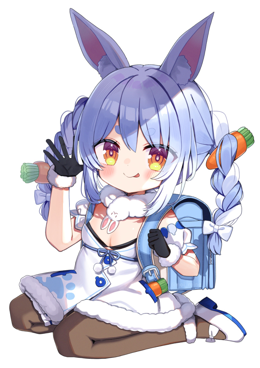 1girl aged_down animal_ear_fluff animal_ears backpack bag black_gloves blue_background blue_hair braid breasts carrot_hair_ornament cleavage dress food-themed_hair_ornament fur-trimmed_dress fur-trimmed_gloves fur_trim gloves hair_ornament high_heels highres hololive leotard leotard_under_clothes looking_at_viewer multicolored_hair noi_mine rabbit-shaped_pupils rabbit_ears rabbit_girl randoseru short_eyebrows small_breasts smile solo symbol-shaped_pupils tongue tongue_out transparent_background twin_braids two-tone_hair usada_pekora usada_pekora_(1st_costume) virtual_youtuber waving white_dress white_footwear white_hair
