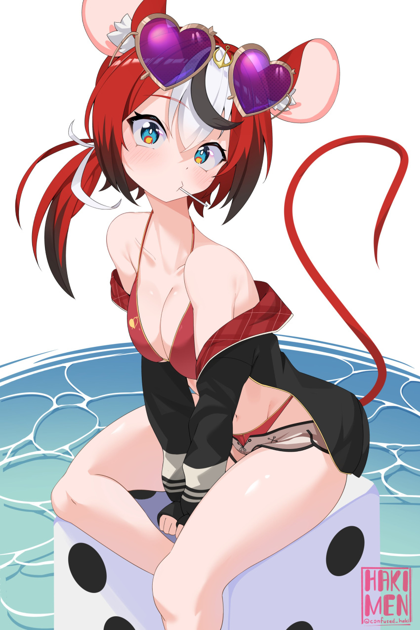 1girl absurdres animal_ears bikini black_jacket blue_eyes breasts candy cleavage confused_alif cosplay dice eyewear_on_head food hakos_baelz halterneck heart heart-shaped_eyewear highres hololive hololive_english houshou_marine houshou_marine_(cosplay) houshou_marine_(summer) jacket lollipop low_ponytail medium_breasts mouse_ears mouse_tail multicolored_hair open_clothes open_jacket red_bikini red_hair sitting streaked_hair string_bikini sunglasses swimsuit tail virtual_youtuber water